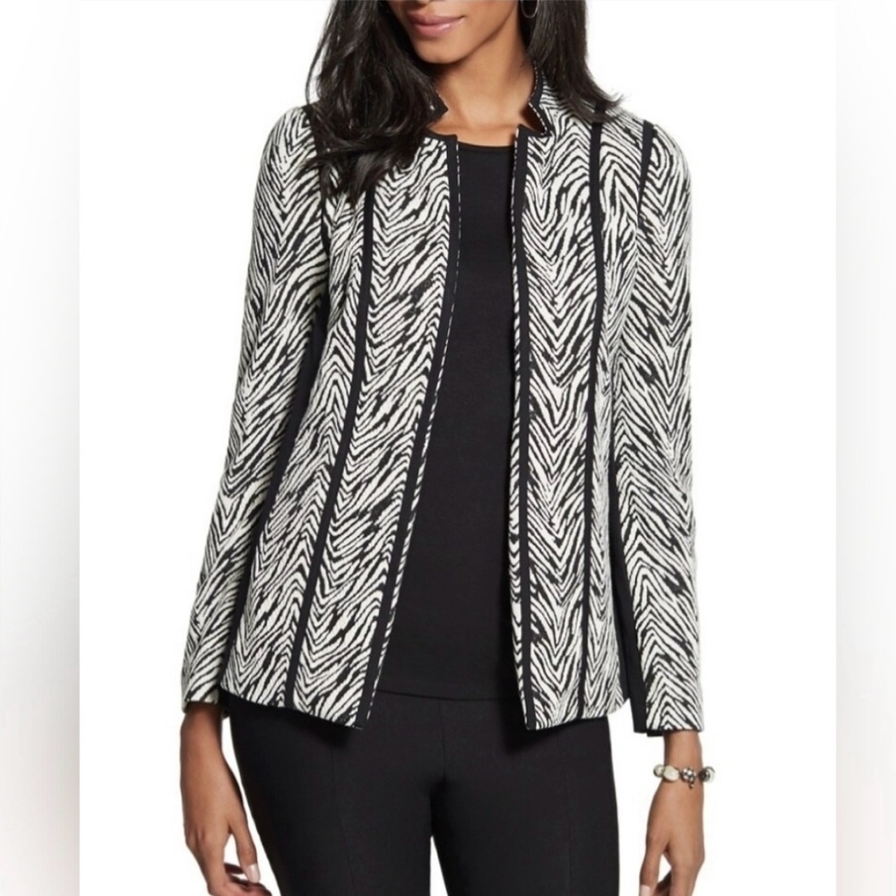 Chico's Women’s Black White Zebra Print Open Front Knit Blazer Jacket - Size: 1